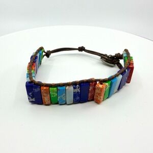 Bracelet Vintage‎ Boho Leather Wrap Multicolor Rainbow Jasper Color Block Bead